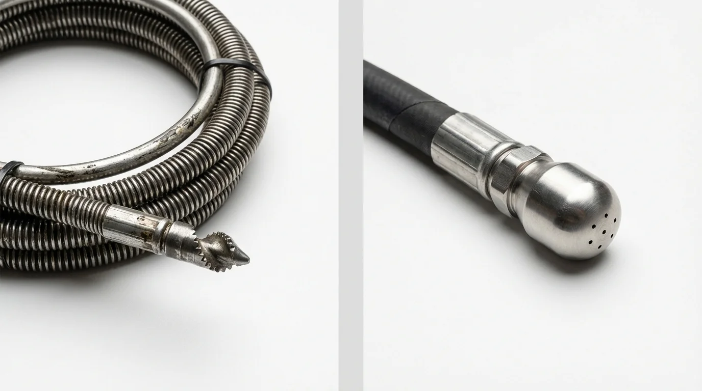 Drain snake cable and hydro jetting nozzle used for drain cleaning in Norfolk, MA