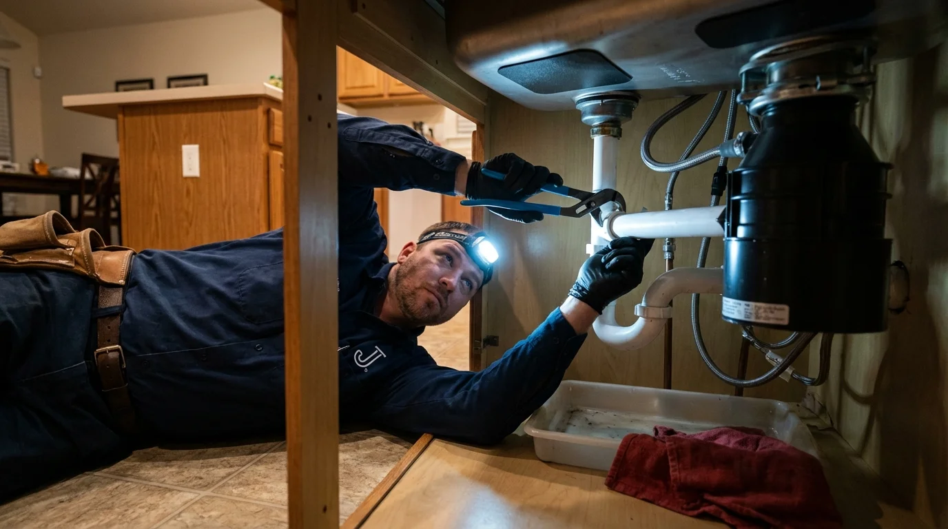 P-trap and supply line connections under a kitchen sink showing a common leak point in Norfolk, MA